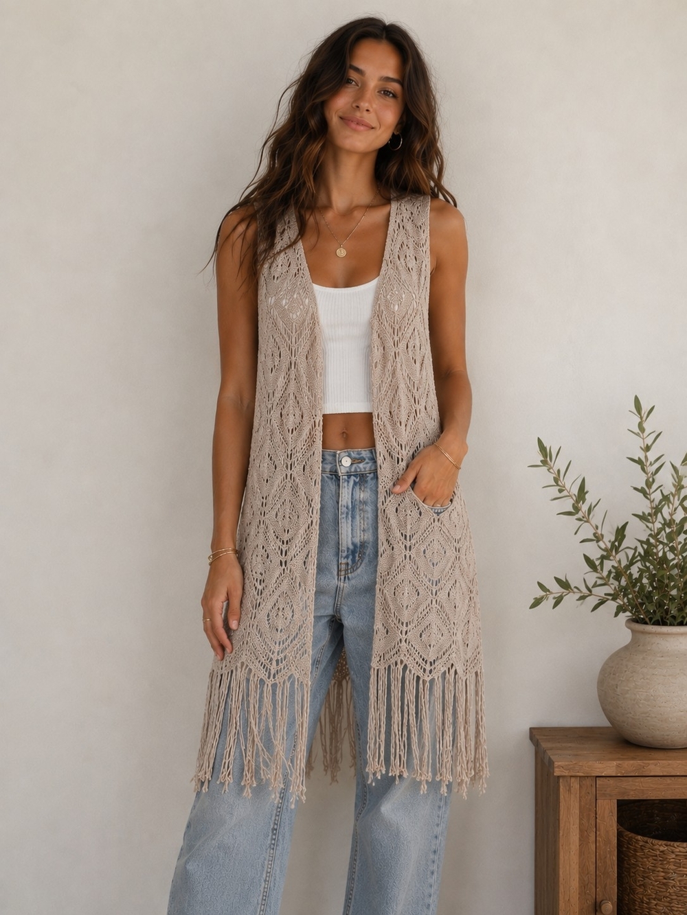 Maurices Cream Crochet Fringe Vest Boho Minimalist